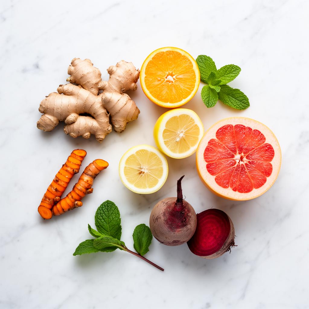 Raw whole ingredients: ginger, turmeric, citrus, beetroot and mint on white marble